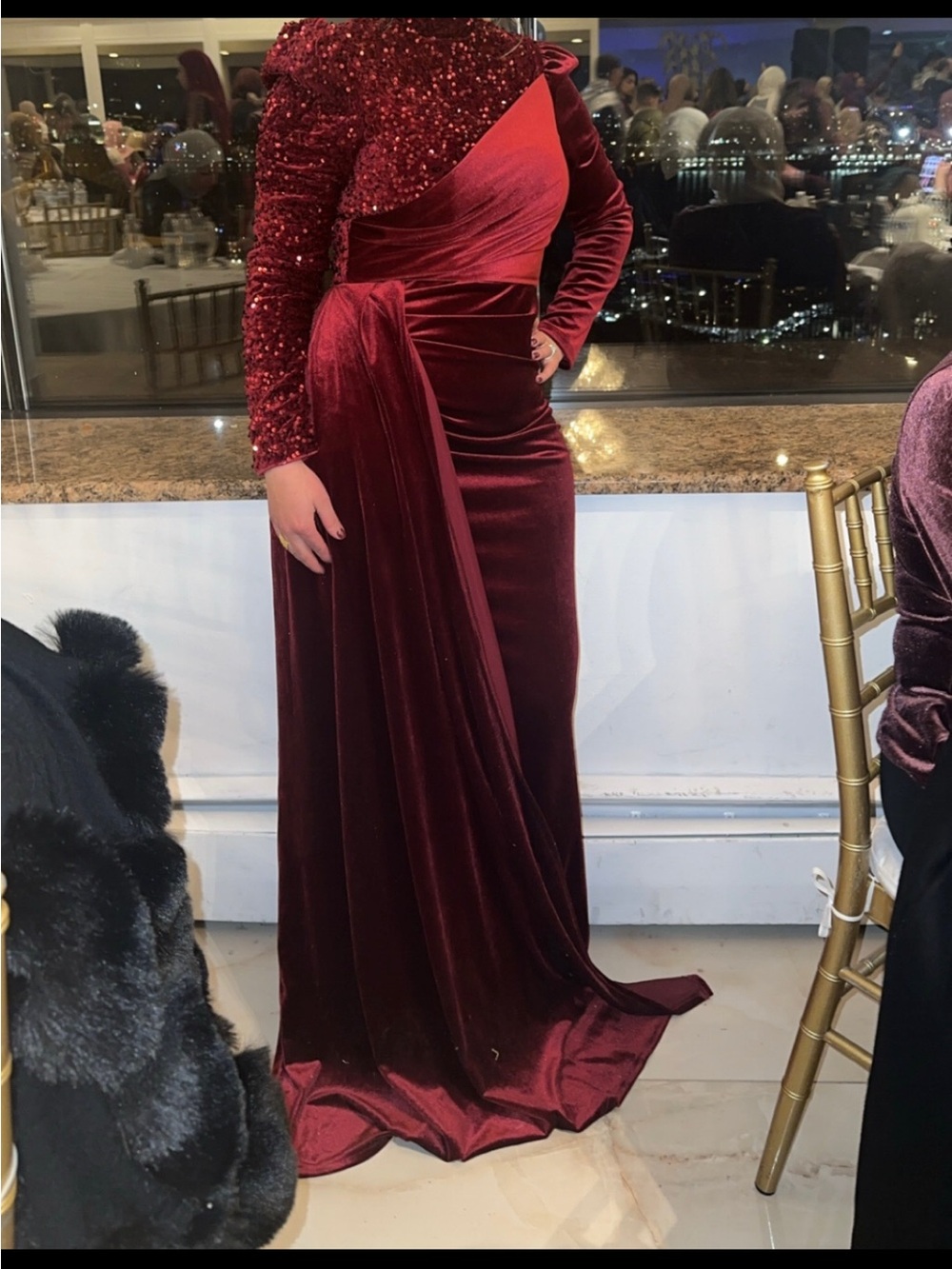 SHEIN Burgundy One-Shoulder Velvet & Sequin Evening Gown